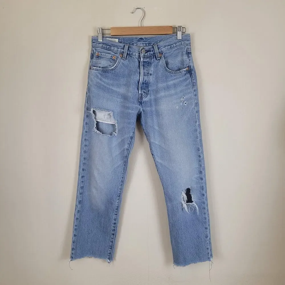 Levis 501 93 Jeans Men 29 Light Wash Blue Denim Distressed Straight Crop Raw Hem